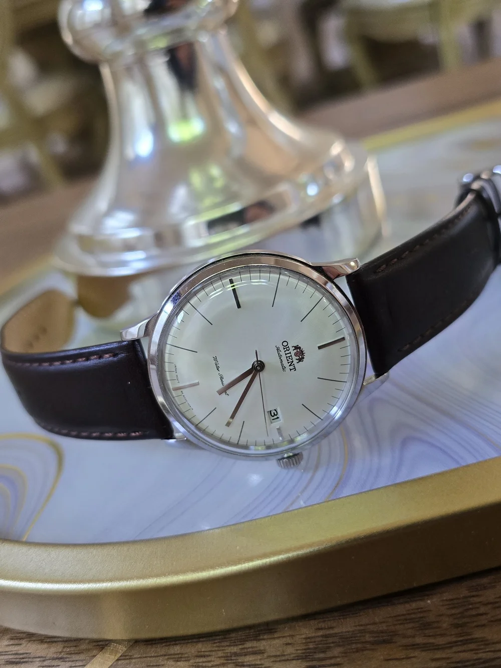 Men's Automatic Watch with Brown Leather Strap and Silver Case Orient Bambino